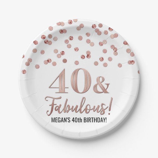 Rose Gold Confetti 40 und fabelhafter Geburtstag Pappteller (Vorderseite)
