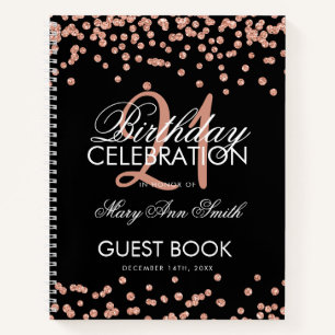 Rose Gold Confetti Black 21. Geburtstag Gästebuch Notizbuch