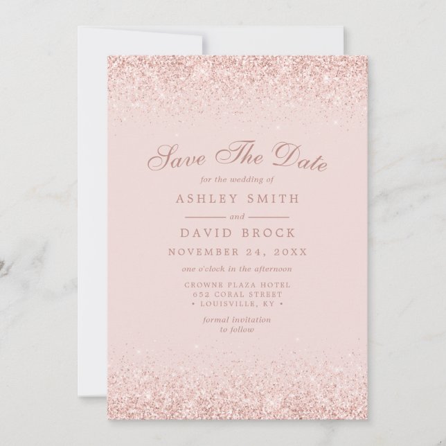 Rose Gold Confetti Blush Pink Moderne Save The Date (Vorderseite)