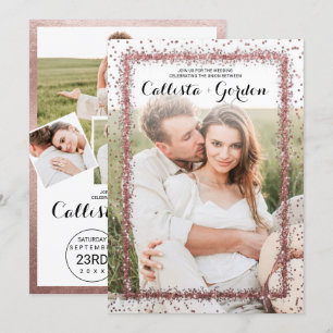 Rose Gold Confetti Border Foto Collage Wedding Einladung