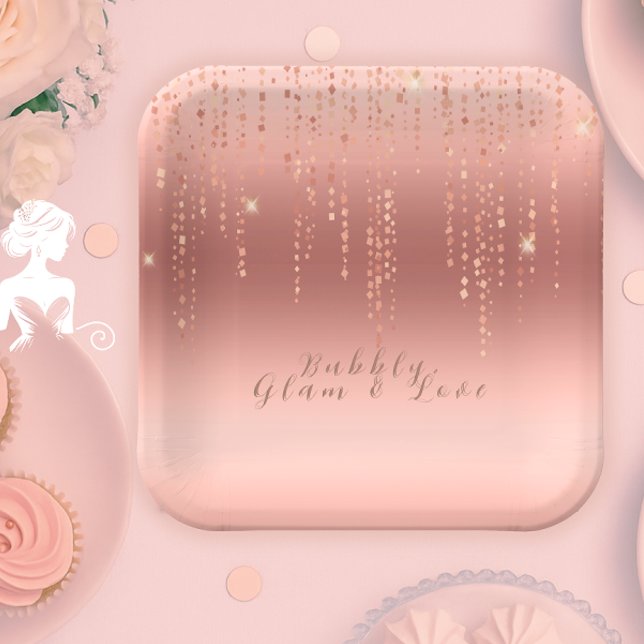 Rose Gold Confetti Brautparty Pappteller (Elegant rose gold confetti bridal shower plate for a bubbly, glam, and love-filled celebration.)