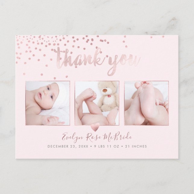 Rose Gold Confetti Chic Pinselschrift Danke Postkarte (Vorderseite)