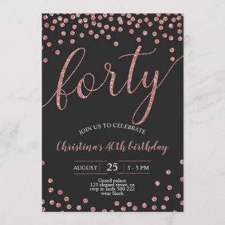 Rose Gold Confetti Elegant 40. Geburtstagsfrauen Einladung
