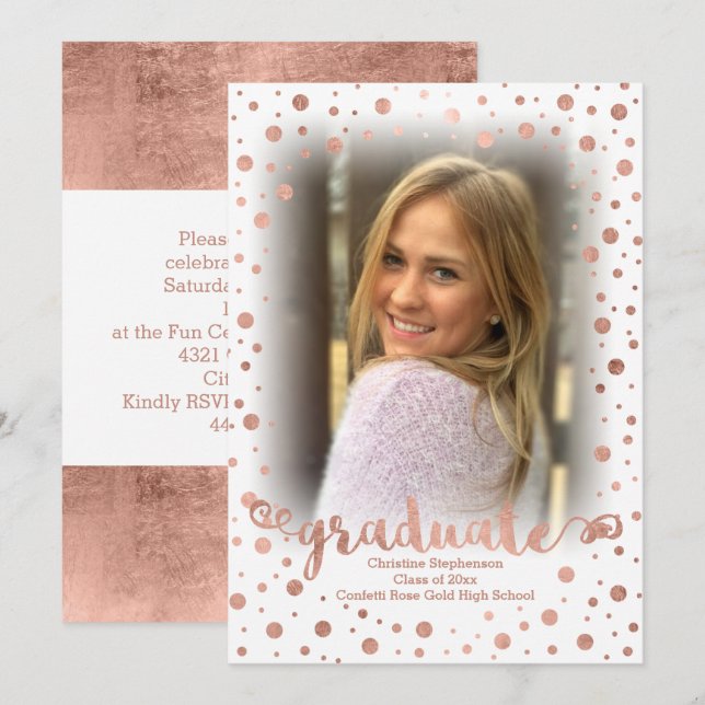 Rose Gold Confetti Foto Abschluss Einladung (Vorne/Hinten)