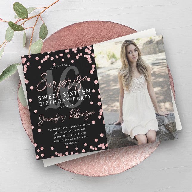 Rose Gold Confetti Foto Überraschung Sweet 16 Einladung (Rose Gold Confetti Photo Surprise Sweet 16 Invitation)