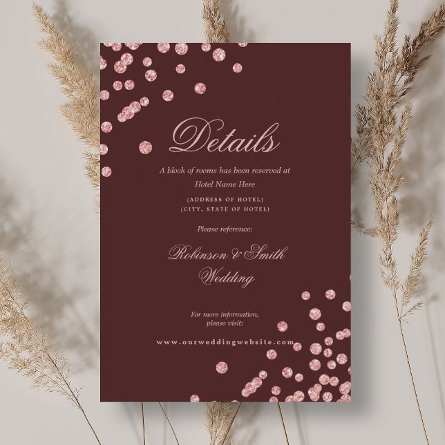 Rose Gold Confetti Hochzeitsdetails Burgund rot Begleitkarte (Rose Gold Confetti Wedding Details Burgundy red Enclosure Card)