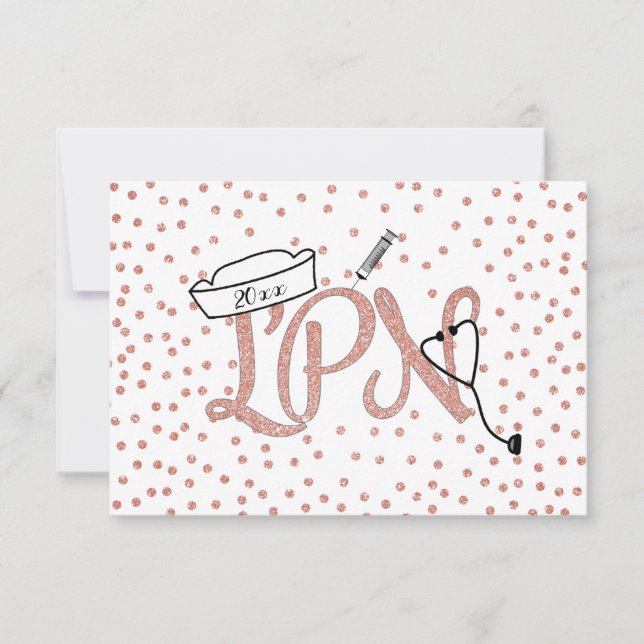 Rose Gold Confetti LPN Graduierungsparty RSVP Karte (Vorderseite)