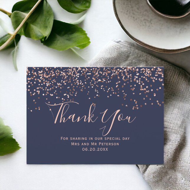 Rose gold confetti marineblaue Typografie Vielen D Karte (Rose gold confetti navy blue typography thank you card)