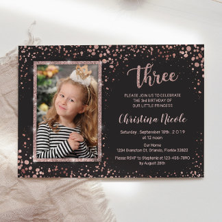 Rose Gold Confetti Modern 3. Geburtstags-Girls-Fot Einladung
