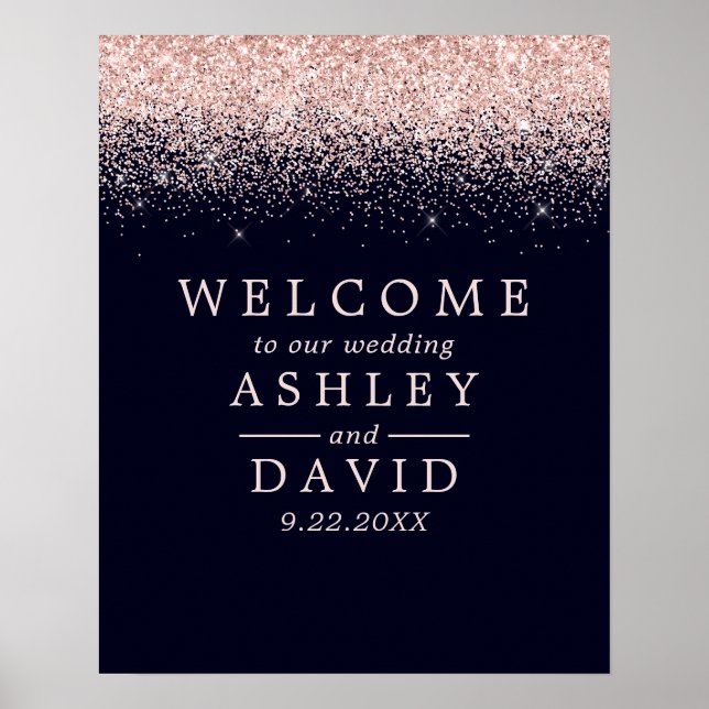 Rose Gold Confetti Navy Blue Chic Hochzeit Begrüßu Poster (Vorne)
