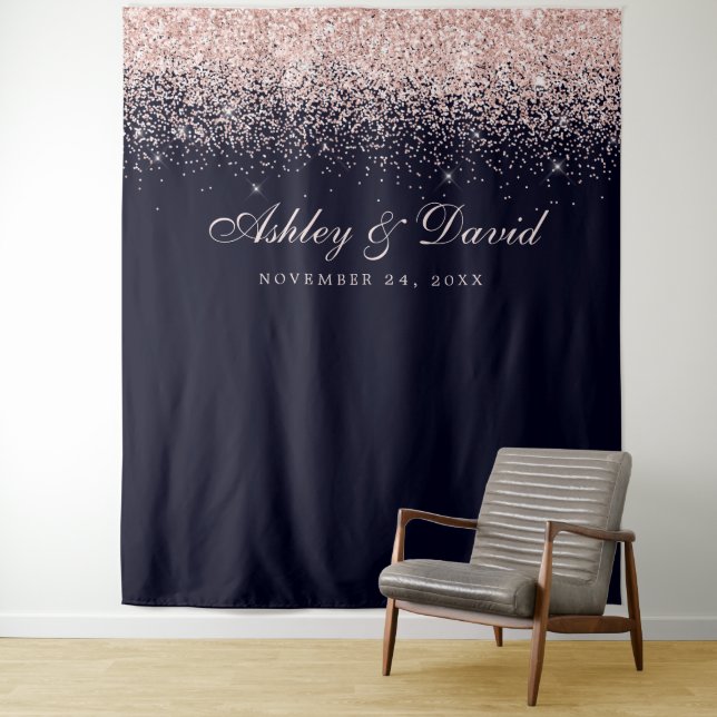 Rose Gold Confetti Navy Blue Foto Stand Hintergrun Wandteppich (Beispiel)