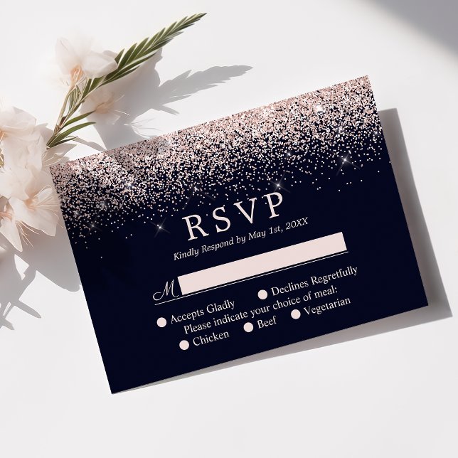 Rose Gold Confetti Navy Blue Modern Wedding RSVP (Von Creator hochgeladen)