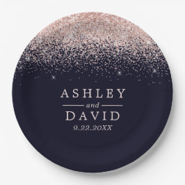 Rose Gold Confetti Navy Blue Moderne Hochzeit Pappteller