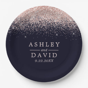 Rose Gold Confetti Navy Blue Moderne Hochzeit Pappteller