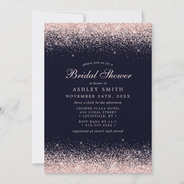 Rose Gold Confetti Navy Blue Modernes Brautparty Einladung (Vorderseite)