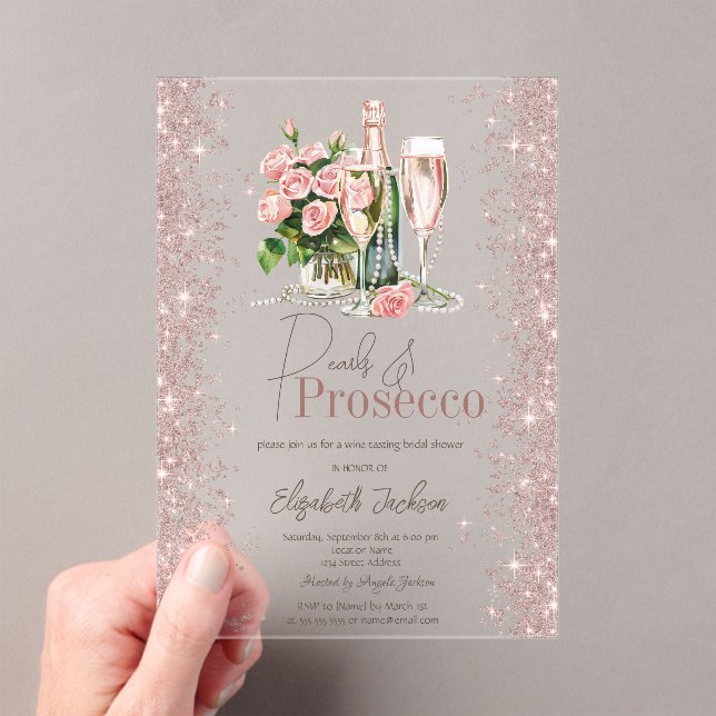 Rose Gold Confetti Perls Prosecco Brautparty Acryleinladungen (Insitu (Handheld))
