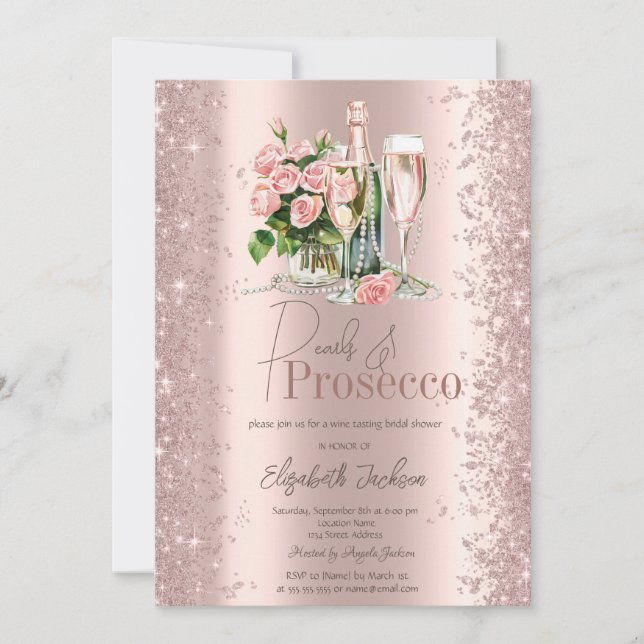Rose Gold Confetti Perls Prosecco Brautparty Einladung (Vorderseite)