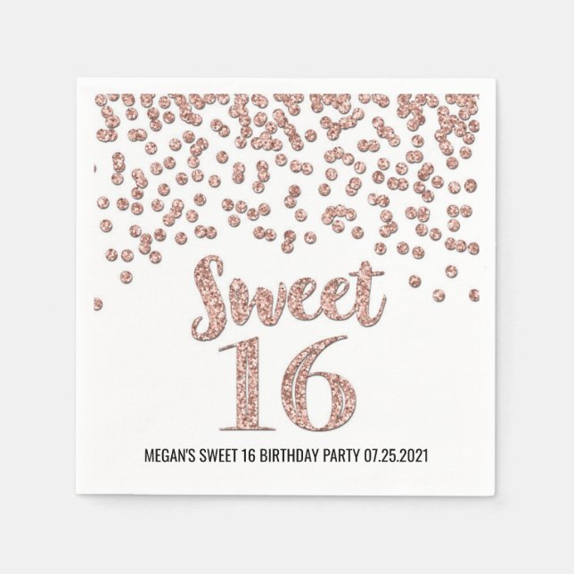 Rose Gold Confetti Sweet 16 Geburtstag Serviette (Vorderseite)