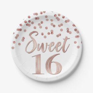 Rose Gold Confetti Sweet 16 Geburtstagsparty Pappteller