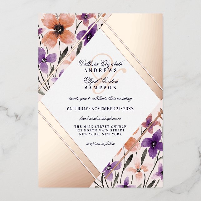 Rose Gold Coral Violet Blume Wasserfarbenprägung Folieneinladung (Vorderseite)