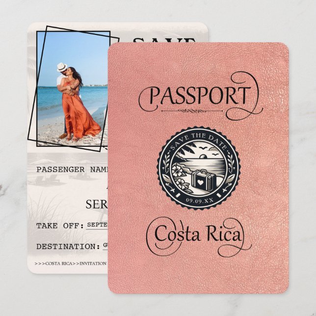 Rose Gold Costa Rica Passport Save The Date (Vorne/Hinten)