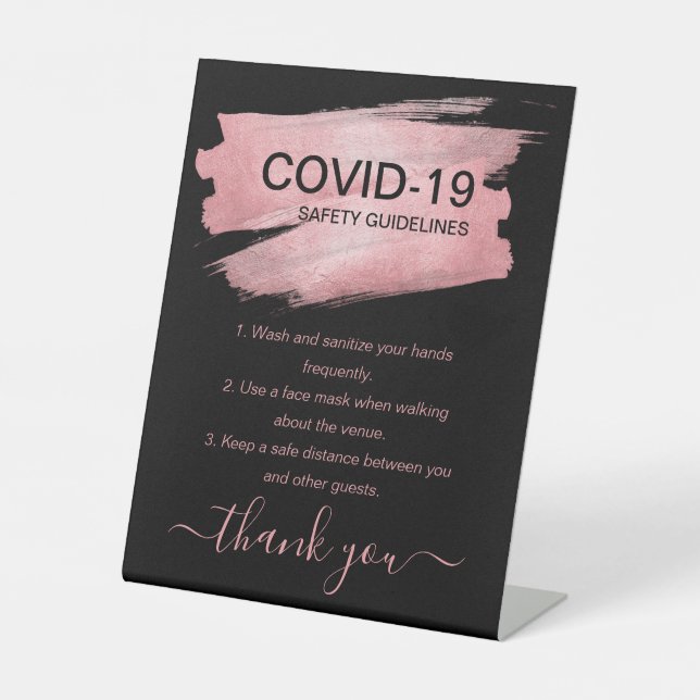 Rose Gold Covid Safety Guidelines Party Black Sockelschild (Vorderseite)