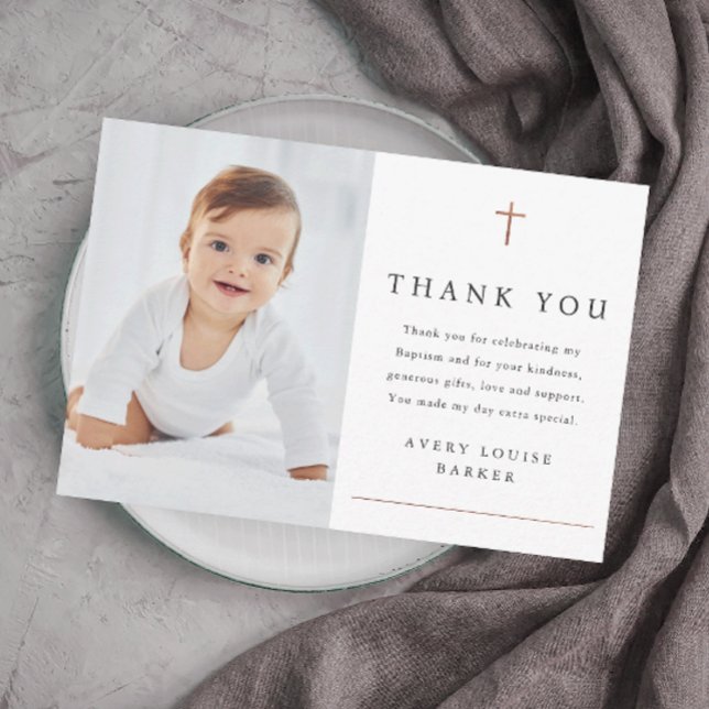 Rose Gold Cross Foto Religiöse Taufe Dankeskarte (Elegant and simple photo baptism thank you card with rose gold foil cross and minimal typography.)
