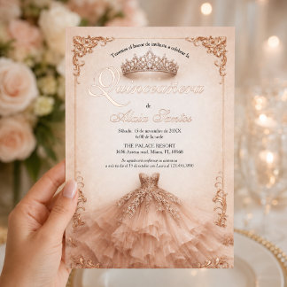 Rose Gold Crown and Ball Gown Spanish Quinceañera Folieneinladung