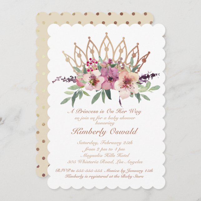 Rose Gold Crown Blush Pink Floral Baby Girl Dusche Einladung (Vorne/Hinten)
