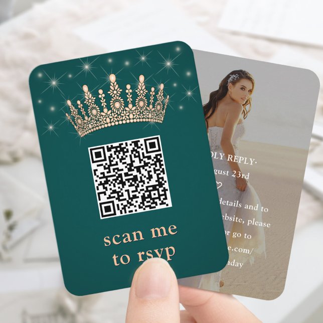 Rose Gold Crown Quinceañera Photo QR RSVP Green Begleitkarte (Von Creator hochgeladen)
