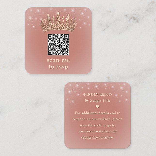 Rose Gold Crown Quinceañera Scan Me QR Code RSVP Begleitkarte (Vorne/Hinten)