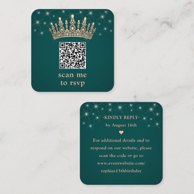 Rose Gold Crown Scan Me Quinceañera QR RSVP Green Begleitkarte (Vorne/Hinten)