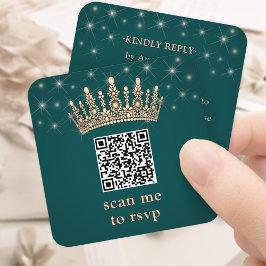 Rose Gold Crown Scan Me Quinceañera QR RSVP Green Begleitkarte