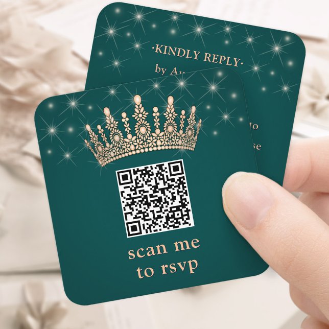 Rose Gold Crown Scan Me Quinceañera QR RSVP Green Begleitkarte (Von Creator hochgeladen)