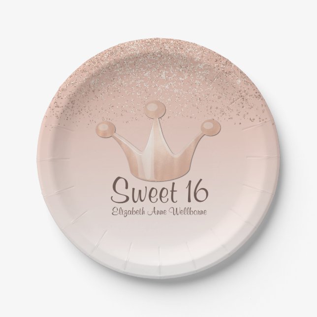 Rose Gold Crown Sweet 16 Paper Plate Pappteller (Vorderseite)
