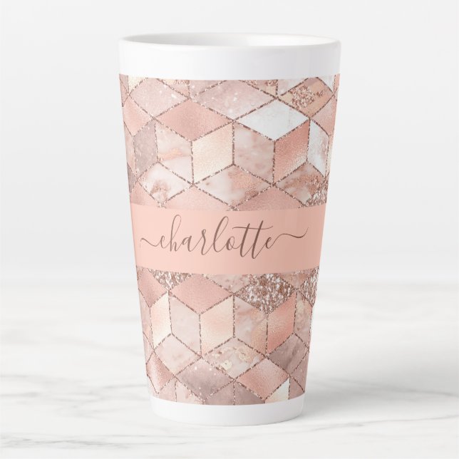 Rose gold cube marble name glittere script milchtasse (Vorderseite)