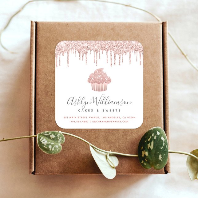 Rose Gold Cupcake Bäckerei Konditorei Koch Glitzer Quadratischer Aufkleber (Von Creator hochgeladen)