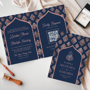 Rose Gold Damask Arch QR Code muslimische Hochzeit Einladung