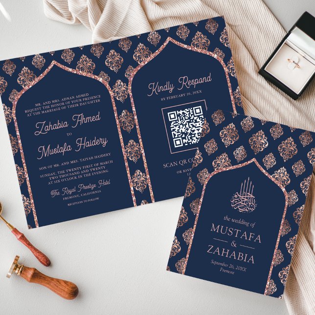 Rose Gold Damask Arch QR Code muslimische Hochzeit Einladung (Von Creator hochgeladen)