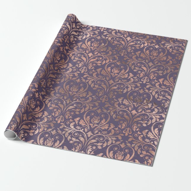 Rose Gold Damask auf Lila Geschenkpapier (Ungerollt)