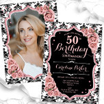 Rose Gold Damask Foto 50. Geburtstag Einladung<br><div class="desc">Elegante florale Einladung zum 50. Geburtstag mit Ihrem Foto auf der Kartenrückseite. Glam Schwarz und Rosa Design mit Imitaten Glitzer Rose Gold. Das schwarz-weiße Damast-Muster, die Rosen in Rosa rot, der Schriftart des Skripts und die Konfetti. Ideal für ein stilvolles Party für Erwachsene. Personalisieren Sie Ihre persönlichen Daten. Kann für...</div>