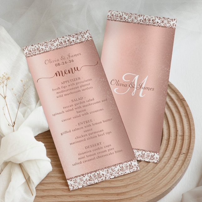 Rose Gold Damask Glitzer Elegantes Hochzeitmenü Programm (Von Creator hochgeladen)