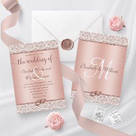 Rose Gold Damask Glitzer Monogram Elegante Hochzei Einladung