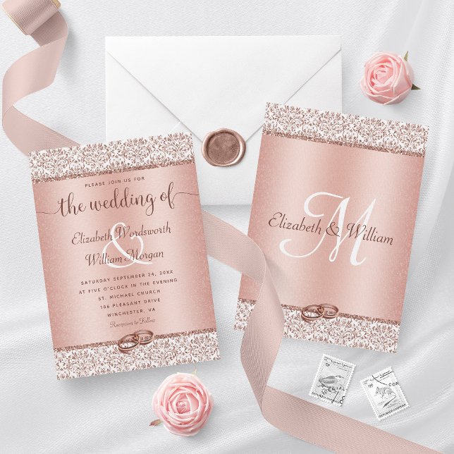 Rose Gold Damask Glitzer Monogram Elegante Hochzei Einladung (Von Creator hochgeladen)