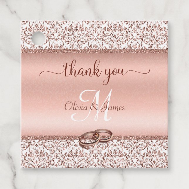 Rose Gold Damask Monogram Wedding Vielen Dank Geschenkanhänger (Vorderseite)