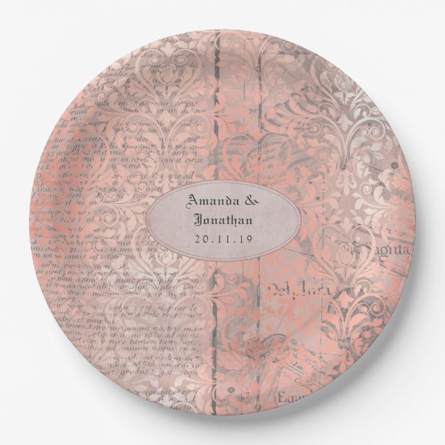 Rose Gold Damask Newsprint Wedding Pappteller (Vorderseite)