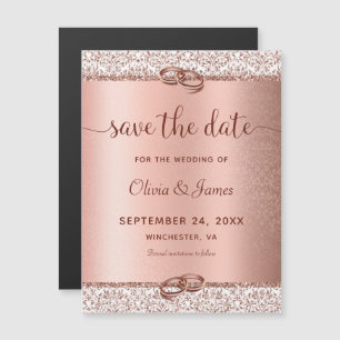 Rose Gold Damask Script Hochzeit speichern das Dat Magneteinladung