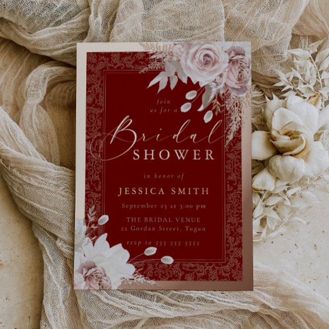 Rose Gold, Deep Red & Blush Floral Bridal Shower Folieneinladung (Von Creator hochgeladen)