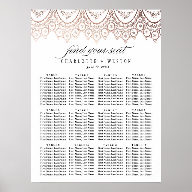Rose Gold Delikate Wedding Seating Chart Poster (Vorne)