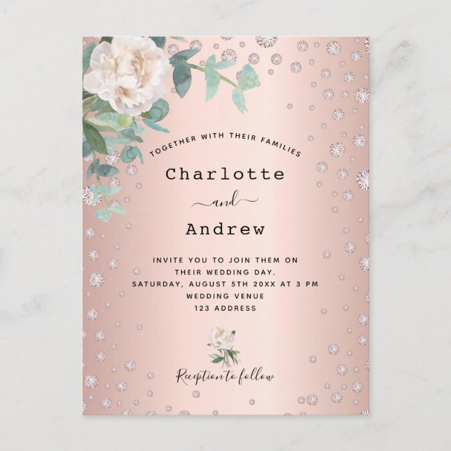 Rose Gold Diamanten Florale Hochzeitseinladung Postkarte (Vorderseite)